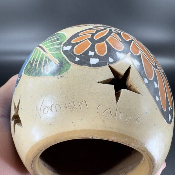 Hand Crafted Pottery Luminary Tea Light Holder Norman Calero Flower Butterfly - Picture 9 of 16